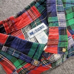 J Riggins Mens Red Patchwork Button Down Size Large 100% Cotton Short Sleeve Top